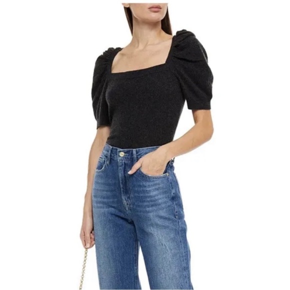 FRAME Femme Square-Neck Cashmere Short Sleeve Sweater Size M - Picture 1 of 14